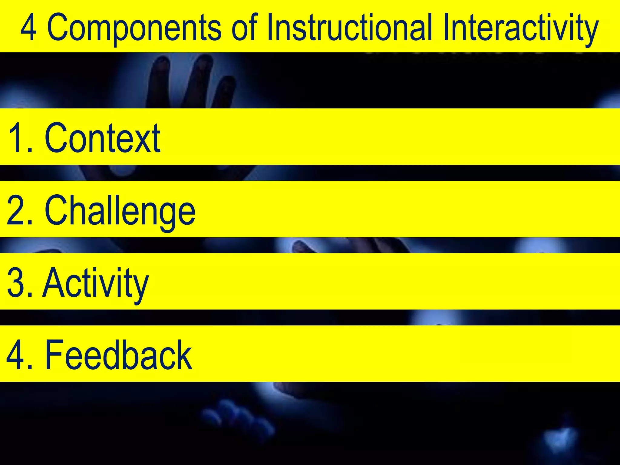 4 Components of Instructional Interactivity

1. Context
2. Challenge
3. Activity
4. Feedback
 