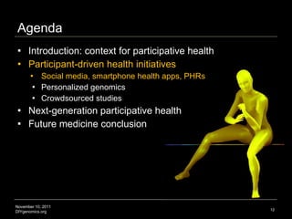Agenda <ul><li>Introduction: context for participative health </li></ul><ul><li>Participant-driven health initiatives </li...