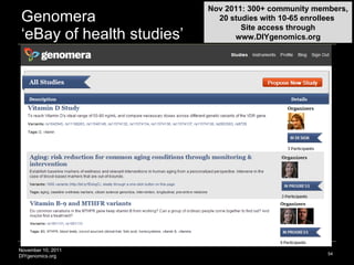 Genomera ‘eBay of health studies’ Nov 2011: 300+ community members, 20 studies with 10-65 enrollees  Site access through w...