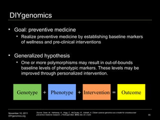 DIYgenomics <ul><li>Goal: preventive medicine  </li></ul><ul><ul><li>Realize preventive medicine by establishing baseline ...