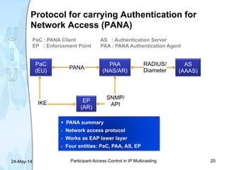 Protocol for carrying Authentication for
Network Access (PANA)
24-May-14 Participant Access Control in IP Multicasting 20
...
