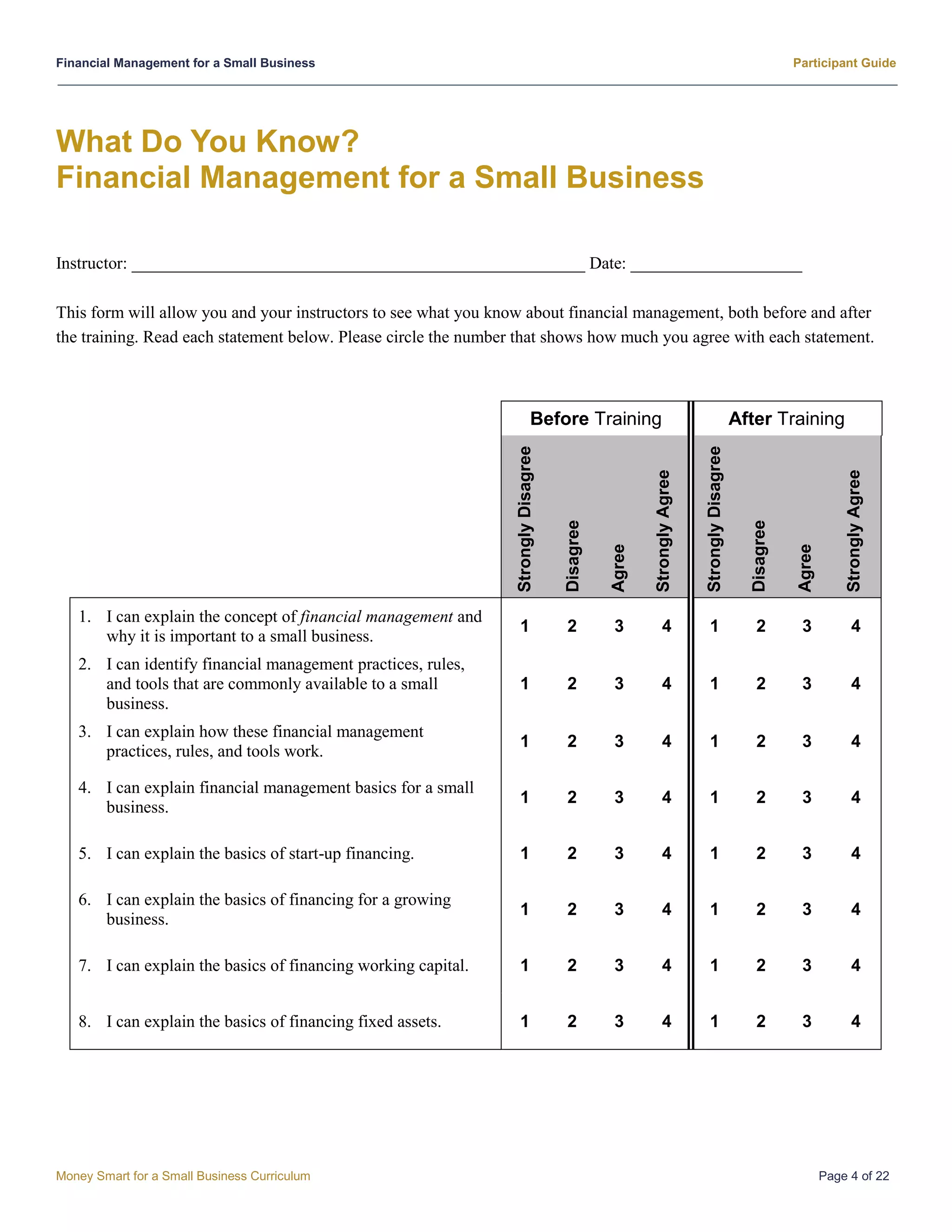 Financial Management for a Small Business Participant Guide
Money Smart for a Small Business Curriculum Page 4 of 22
What Do You Know?
Financial Management for a Small Business
Instructor: _____________________________________________________ Date: ____________________
This form will allow you and your instructors to see what you know about financial management, both before and after
the training. Read each statement below. Please circle the number that shows how much you agree with each statement.
Before Training After Training
StronglyDisagree
Disagree
Agree
StronglyAgree
StronglyDisagree
Disagree
Agree
StronglyAgree
1. I can explain the concept of financial management and
why it is important to a small business.
1 2 3 4 1 2 3 4
2. I can identify financial management practices, rules,
and tools that are commonly available to a small
business.
1 2 3 4 1 2 3 4
3. I can explain how these financial management
practices, rules, and tools work.
1 2 3 4 1 2 3 4
4. I can explain financial management basics for a small
business.
1 2 3 4 1 2 3 4
5. I can explain the basics of start-up financing. 1 2 3 4 1 2 3 4
6. I can explain the basics of financing for a growing
business.
1 2 3 4 1 2 3 4
7. I can explain the basics of financing working capital. 1 2 3 4 1 2 3 4
8. I can explain the basics of financing fixed assets. 1 2 3 4 1 2 3 4
 