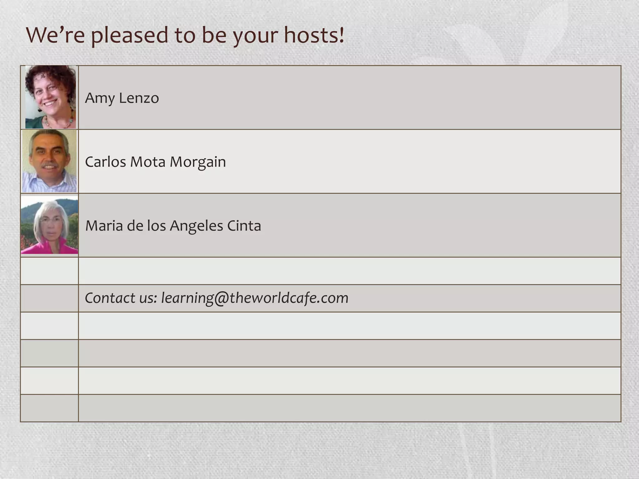 We’re pleased to be your hosts!