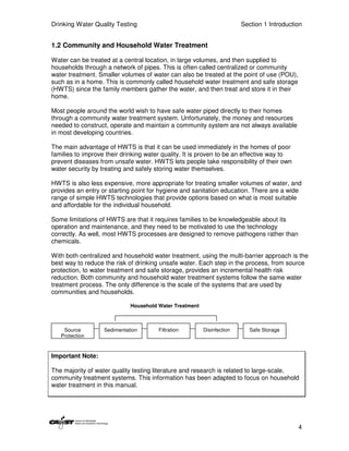 Drinking Water Quality Testing                                          Section 1 Introduction


1.2 Community and Household Water Treatment

Water can be treated at a central location, in large volumes, and then supplied to
households through a network of pipes. This is often called centralized or community
water treatment. Smaller volumes of water can also be treated at the point of use (POU),
such as in a home. This is commonly called household water treatment and safe storage
(HWTS) since the family members gather the water, and then treat and store it in their
home.

Most people around the world wish to have safe water piped directly to their homes
through a community water treatment system. Unfortunately, the money and resources
needed to construct, operate and maintain a community system are not always available
in most developing countries.

The main advantage of HWTS is that it can be used immediately in the homes of poor
families to improve their drinking water quality. It is proven to be an effective way to
prevent diseases from unsafe water. HWTS lets people take responsibility of their own
water security by treating and safely storing water themselves.

HWTS is also less expensive, more appropriate for treating smaller volumes of water, and
provides an entry or starting point for hygiene and sanitation education. There are a wide
range of simple HWTS technologies that provide options based on what is most suitable
and affordable for the individual household.

Some limitations of HWTS are that it requires families to be knowledgeable about its
operation and maintenance, and they need to be motivated to use the technology
correctly. As well, most HWTS processes are designed to remove pathogens rather than
chemicals.

With both centralized and household water treatment, using the multi-barrier approach is the
best way to reduce the risk of drinking unsafe water. Each step in the process, from source
protection, to water treatment and safe storage, provides an incremental health risk
reduction. Both community and household water treatment systems follow the same water
treatment process. The only difference is the scale of the systems that are used by
communities and households.

                             Household Water Treatment



    Source         Sedimentation       Filtration        Disinfection      Safe Storage
   Protection


Important Note:

The majority of water quality testing literature and research is related to large-scale,
community treatment systems. This information has been adapted to focus on household
water treatment in this manual.




                                                                                            4
 