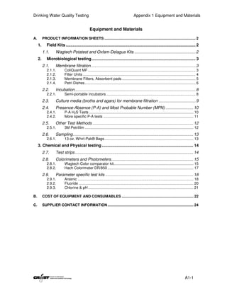 Drinking Water Quality Testing                                                             Appendix 1 Equipment and Materials


                                                  Equipment and Materials
A.        PRODUCT INFORMATION SHEETS ......................................................................................... 2
     1.      Field Kits ................................................................................................................ 2
          1.1.      Wagtech Potatest and Oxfam-Delagua Kits ..................................................... 2
     2.      Microbiological testing.......................................................................................... 3
          2.1.      Membrane filtration .......................................................................................... 3
             2.1.1.        ColiQuant MF ......................................................................................................... 3
             2.1.2.        Filter Units .............................................................................................................. 4
             2.1.3.        Membrane Filters, Absorbent pads ........................................................................ 5
             2.1.4.        Petri Dishes ............................................................................................................ 6
          2.2.      Incubation ........................................................................................................ 8
             2.2.1.        Semi-portable incubators ....................................................................................... 8
          2.3.      Culture media (broths and agars) for membrane filtration ................................ 9
          2.4.      Presence-Absence (P-A) and Most Probable Number (MPN) ........................ 10
             2.4.1.        P-A H2S Tests ...................................................................................................... 10
             2.4.2.        More specific P-A tests ........................................................................................ 11
          2.5.      Other Test Methods ....................................................................................... 12
             2.5.1.        3M Petrifilm .......................................................................................................... 12
          2.6.      Sampling........................................................................................................ 13
             2.6.1.        13-oz. Whirl-Pak® Bags....................................................................................... 13
     3. Chemical and Physical testing ............................................................................... 14
          2.7.      Test strips ...................................................................................................... 14
          2.8.      Colorimeters and Photometers....................................................................... 15
             2.8.1.        Wagtech Color comparator kit.............................................................................. 15
             2.8.2.        Hach Colorimeter DR/850 .................................................................................... 17
          2.9.      Parameter specific test kits ............................................................................ 18
             2.9.1.        Arsenic ................................................................................................................. 18
             2.9.2.        Fluoride ................................................................................................................ 20
             2.9.3.        Chlorine & pH ....................................................................................................... 21

B.        COST OF EQUIPMENT AND CONSUMABLES ...................................................................... 22

C.        SUPPLIER CONTACT INFORMATION .................................................................................... 24




                                                                                                                                           A1-1
 