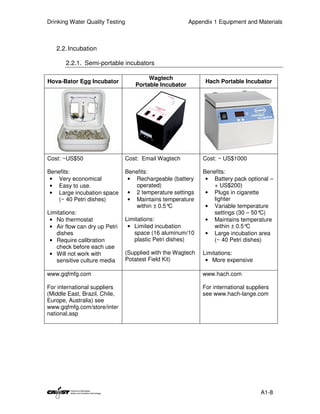 Drinking Water Quality Testing                         Appendix 1 Equipment and Materials



   2.2. Incubation

       2.2.1. Semi-portable incubators

                                       Wagtech
Hova-Bator Egg Incubator                                     Hach Portable Incubator
                                  Portable Incubator




Cost: ~US$50                   Cost: Email Wagtech          Cost: ~ US$1000

Benefits:                      Benefits:                    Benefits:
 • Very economical              • Rechargeable (battery      • Battery pack optional –
 • Easy to use.                   operated)                    + US$200)
 • Large incubation space       • 2 temperature settings     • Plugs in cigarette
   (~ 40 Petri dishes)          • Maintains temperature        lighter
                                  within ± 0.5°C             • Variable temperature
Limitations:                                                   settings (30 – 50° C)
 • No thermostat               Limitations:                  • Maintains temperature
 • Air flow can dry up Petri    • Limited incubation           within ± 0.5°C
   dishes                         space (16 aluminum/10      • Large incubation area
 • Require calibration            plastic Petri dishes)        (~ 40 Petri dishes)
   check before each use
 • Will not work with          (Supplied with the Wagtech   Limitations:
   sensitive culture media     Potatest Field Kit)           • More expensive

www.gqfmfg.com                                              www.hach.com

For international suppliers                                 For international suppliers
(Middle East, Brazil, Chile,                                see www.hach-lange.com
Europe, Australia) see
www.gqfmfg.com/store/inter
national.asp




                                                                                   A1-8
 