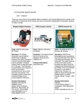 Drinking Water Quality Testing                        Appendix 1 Equipment and Materials



   2.9. Parameter specific test kits

       2.9.1. Arsenic

There are many arsenic kits available. Most are based on the Gutzeit Method which results in the
production of arsine gas which reacts with mercuric bromide impregnated on test paper resulting
in colour change.

 Wagtech Digital Arsenator           HACH Arsenic Test Kit              ENPHO Arsenic Kit




Cost: US$700 (420 tests),         Cost: US$123 (100 tests),       Cost: ~Rs.6000.00 ($75) for
$1.70/test                        $1.20/test                      50 tests ($1.50/test)

Summary: The Digital              Summary: The HACH Arsenic       Summary: ENPHO has
Arsenator uses an optical         test kit is similar to the      developed a semi-quantitative
photometer to digitally           Wagtech Visual Arsenic          low cost field test kit for testing
measure the colour change on      Detection kit.                  untreated ground water, like
mercuric bromide filter paper,                                    tube-well. The salient features
and it’s portable. It detects     Contact Information:            of the kit are easy to test,
arsenic within a reported range   www.hach.com                    portable and rapid. Once the
of 2-100 µg/L. The Arsenator                                      reagents are finished they can
is significantly more expensive                                   be refilled. If the concentration
than manual colour                                                of arsenic in the water is
comparison kits, but is more                                      higher than 150 µg/L it is
accurate and precise. The                                         better to dilute the sample with
complete system comes with                                        distilled water, for better
sufficient reagents and                                           results. Range: 10 µg/L – 500
consumables for 420 tests.                                        µg/L.

Contact Information:                                              Contact Information:
Wagtech International                                             ENPHO
Wagtech Court                                                     110/25 Adarsa Marga-1,
Station Road Thatcham                                             Thapagaon, New Baneshwor
Berkshire, RG19 4HZ, UK                                           Nepal
Tel +44 (0) 1635 872929                                           Email: enpho@mail.com.np
export@wagtech.co.uk
www.wagtech.co.uk



                                                                                    A1-18
 