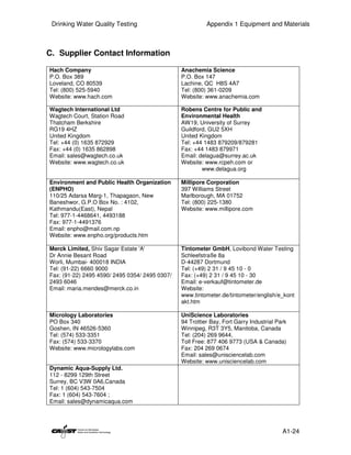 Drinking Water Quality Testing                           Appendix 1 Equipment and Materials



C. Supplier Contact Information

Hach Company                                    Anachemia Science
P.O. Box 389                                    P.O. Box 147
Loveland, CO 80539                              Lachine, QC H8S 4A7
Tel: (800) 525-5940                             Tel: (800) 361-0209
Website: www.hach.com                           Website: www.anachemia.com

Wagtech International Ltd                       Robens Centre for Public and
Wagtech Court, Station Road                     Environmental Health
Thatcham Berkshire                              AW19, University of Surrey
RG19 4HZ                                        Guildford, GU2 5XH
United Kingdom                                  United Kingdom
Tel: +44 (0) 1635 872929                        Tel: +44 1483 879209/879281
Fax: +44 (0) 1635 862898                        Fax: +44 1483 879971
Email: sales@wagtech.co.uk                      Email: delagua@surrey.ac.uk
Website: www.wagtech.co.uk                      Website: www.rcpeh.com or
                                                        www.delagua.org

Environment and Public Health Organization      Millipore Corporation
(ENPHO)                                         397 Williams Street
110/25 Adarsa Marg-1, Thapagaon, New            Marlborough, MA 01752
Baneshwor, G.P.O Box No. : 4102,                Tel: (800) 225-1380
Kathmandu(East), Nepal                          Website: www.millipore.com
Tel: 977-1-4468641, 4493188
Fax: 977-1-4491376
Email: enpho@mail.com.np
Website: www.enpho.org/products.htm

Merck Limited, Shiv Sagar Estate 'A'            Tintometer GmbH, Lovibond Water Testing
Dr Annie Besant Road                            Schleefstraße 8a
Worli, Mumbai- 400018 INDIA                     D-44287 Dortmund
Tel: (91-22) 6660 9000                          Tel: (+49) 2 31 / 9 45 10 - 0
Fax: (91-22) 2495 4590/ 2495 0354/ 2495 0307/   Fax: (+49) 2 31 / 9 45 10 - 30
2493 6046                                       Email: e-verkauf@tintometer.de
Email: maria.mendes@merck.co.in                 Website:
                                                www.tintometer.de/tintometer/english/e_kont
                                                akt.htm

Micrology Laboratories                          UniScience Laboratories
PO Box 340                                      94 Trottier Bay, Fort Garry Industrial Park
Goshen, IN 46526-5360                           Winnipeg, R3T 3Y5, Manitoba, Canada
Tel: (574) 533-3351                             Tel: (204) 269 9644,
Fax: (574) 533-3370                             Toll Free: 877 406 9773 (USA & Canada)
Website: www.micrologylabs.com                  Fax: 204 269 0674
                                                Email: sales@unisciencelab.com
                                                Website: www.unisciencelab.com
Dynamic Aqua-Supply Ltd.
112 - 8299 129th Street
Surrey, BC V3W 0A6,Canada
Tel: 1 (604) 543-7504
Fax: 1 (604) 543-7604 ;
Email: sales@dynamicaqua.com




                                                                                         A1-24
 