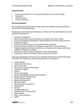 Drinking Water Quality Testing                          Appendix 2 Establishing a Laboratory


Physical Facility

•    A room size at least 3 m x 4 m with good ventilation, sink and water supply
•    Refrigerator
•    Shelves or racks
•    Source of electricity

Staff and Equipment

One or possibly two laboratory staff may be required to undertake the required physical,
chemical and microbiological tests.

The laboratory staff of each type of laboratory, in liaison with the project implementer would
typically be responsible for:

•   Laboratory management
•   Determining and procuring the equipment and supplies that will be needed
•   Ensuring that laboratory standards are being followed and maintain quality control of
•   analytical procedure
•   Training new staff in the use of new equipment and procedures
•   Enforcing safety precautions and procedures, especially for fire and explosions
•   Preparing reagents and media, standardizing as necessary and storage under proper
    conditions of reagents and media.
•   Checking accuracy of electronic equipment used in field analyses.
•   Preparing an inventory and stock control of chemicals and media.

It would be appropriate to provide two sets of portable water testing equipment during the
initial stage. The following is a potential equipment list for a laboratory.

•   Single incubator
•   18 aluminium Petri dishes
•   Spirit thermometer
•   18 aluminium calibration Petri dishes
•   Transformer/ battery
•   Charger
•   Two pin plug adaptor
•   Internal rechargeable and removable DC battery
•   Battery cable and crocodile clips
•   Vehicle cigarette adaptor
•   Membrane filtration unit
•   Membrane filters
•   Absorbent pads (2 containers)
•   Pad dispenser
•   Forceps
•   Dropping pipettes (5)
•   Containers that can be sterilized
•   Plastic beakers
•   Media measuring device
•   Lighter


                                                                                           A2-2
 