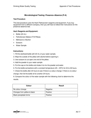 Drinking Water Quality Testing                                      Appendix 6 Test Procedures




                Microbiological Testing: Presence–Absence (P-A)

Test Procedure

This test procedure uses the Hach Pathoscreen reagents and equipment. If you buy
equipment from a different company, then you will have to follow their instructions for the
presence-absence test.

Hach Reagents and Equipment:
•   Bottle (20 mL)
•   PathoScreen Medium P/A Pillows
•   Methanol or Alcohol
•   Scissors
•   Water Sample


Instructions:
1. Fill the sterilized bottle with 20 mL of your water sample.
2. Wipe the outside of the pillow with alcohol before opening it.
3. Use scissors to cut open one end of the pillow.
4. Add the powder to your water sample.
5. Put the cap on the bottle and shake it to mix the powder and water.
6. Put the bottle somewhere with a constant temperature (25 – 35oC) for 24 to 48 hours.
7. Check the bottle after 24 hours to see if there is a colour change. If there is no colour
change, then let the bottle sit for another 24 hours.
8. Compare the colour of the water sample with the following chart to determine the
results.


                  Colour                                            Result

No colour change                               Negative
Changes from yellow to black                   Positive
Black precipitate forms                        Positive




                                                                                           A6-17
 