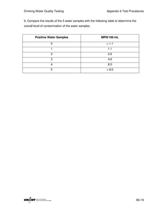 Drinking Water Quality Testing                                  Appendix 6 Test Procedures


9. Compare the results of the 5 water samples with the following table to determine the
overall level of contamination of the water samples.


        Positive Water Samples                             MPN/100 mL

                     0                                          < 1.1
                     1                                           1.1
                     2                                           2.6
                     3                                           4.6
                     4                                           8.0
                     5                                          > 8.0




                                                                                      A6-19
 