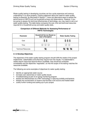 Drinking Water Quality Testing                                         Section 2 Planning



Water quality testing in developing countries can be a quite expensive and onerous
undertaking if it is done properly. Careful judgement about the need for water quality
testing is essential. As discussed in Section 1, there are alternative ways to assess the
performance of HWTS such as household surveys and observations. However, if you
are going to assess the technical effectiveness of technology, you may need to carry out
water quality testing. The table below compares the cost, time and technical resources
required for a household survey and water quality tests.

          Comparison of Different Methods for Assessing Performance of
                               HWTS Technologies

                               Household Survey Based on
         Parameter                                                Water Quality Testing
                                   User’s Perception

            Cost                          $$                            $$$
           Time

    Technical Resources


2.1.2 Develop Objectives

The objectives of the water quality testing program should fulfill the needs of the project
implementer, stakeholders and what they require from the results. If a stakeholder’s
needs require resources beyond what is available, they should be contacted
immediately and the objectives ‘negotiated’, so that the scope of the testing matches the
resources available.

The following are some examples of objectives for water quality testing:

•   Identify an appropriate water source
•   Increase user awareness on water quality issues
•   Troubleshooting as part of on-going monitoring program
•   Assess the effectiveness of a HWT technology in reducing turbidity and bacteria
•   Assess the concentration of arsenic and fluoride in the source and treated water
•   Justify further funding and scaling up of your project




                                                                                          18
 