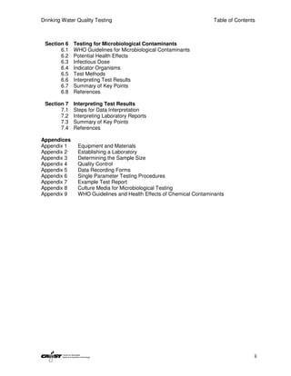 Drinking Water Quality Testing                                      Table of Contents



 Section 6   Testing for Microbiological Contaminants
       6.1   WHO Guidelines for Microbiological Contaminants
       6.2   Potential Health Effects
       6.3   Infectious Dose
       6.4   Indicator Organisms
       6.5   Test Methods
       6.6   Interpreting Test Results
       6.7   Summary of Key Points
       6.8   References

 Section 7   Interpreting Test Results
       7.1   Steps for Data Interpretation
       7.2   Interpreting Laboratory Reports
       7.3   Summary of Key Points
       7.4   References

Appendices
Appendix 1     Equipment and Materials
Appendix 2     Establishing a Laboratory
Appendix 3     Determining the Sample Size
Appendix 4     Quality Control
Appendix 5     Data Recording Forms
Appendix 6     Single Parameter Testing Procedures
Appendix 7     Example Test Report
Appendix 8     Culture Media for Microbiological Testing
Appendix 9     WHO Guidelines and Health Effects of Chemical Contaminants




                                                                                    ii
 