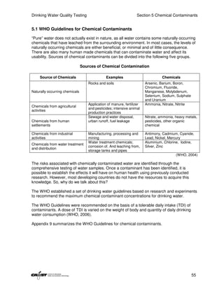 Drinking Water Quality Testing                                    Section 5 Chemical Contaminants


5.1 WHO Guidelines for Chemical Contaminants

“Pure” water does not actually exist in nature, as all water contains some naturally occurring
chemicals that have leached from the surrounding environment. In most cases, the levels of
naturally occurring chemicals are either beneficial, or minimal and of little consequence.
There are also many human made chemicals that can contaminate water and affect its
usability. Sources of chemical contaminants can be divided into the following five groups.

                                Sources of Chemical Contamination

     Source of Chemicals                      Examples                           Chemicals
                                   Rocks and soils                     Arsenic, Barium, Boron,
                                                                       Chromium, Fluoride,
Naturally occurring chemicals                                          Manganese, Molybdenum,
                                                                       Selenium, Sodium, Sulphate
                                                                       and Uranium
                                   Application of manure, fertilizer   Ammonia, Nitrate, Nitrite
Chemicals from agricultural
                                   and pesticides; intensive animal
activities
                                   production practices
                                   Sewage and water disposal,          Nitrate, ammonia, heavy metals,
Chemicals from human               urban runoff, fuel leakage          pesticides, other organic
settlements                                                            chemical

Chemicals from industrial          Manufacturing, processing and       Antimony, Cadmium, Cyanide,
activities                         mining                              Lead, Nickel, Mercury
                                   Water treatment chemicals;          Aluminium, Chlorine, Iodine,
Chemicals from water treatment
                                   corrosion of. And leaching from,    Silver, Zinc
and distribution
                                   storage tanks and pipes
                                                                                         (WHO, 2004)

The risks associated with chemically contaminated water are identified through the
comprehensive testing of water samples. Once a contaminant has been identified, it is
possible to establish the effects it will have on human health using previously conducted
research. However, most developing countries do not have the resources to acquire this
knowledge. So, why do we talk about this?

The WHO established a set of drinking water guidelines based on research and experiments
to recommend the maximum chemical contaminant concentrations for drinking water.

The WHO Guidelines were recommended on the basis of a tolerable daily intake (TDI) of
contaminants. A dose of TDI is varied on the weight of body and quantity of daily drinking
water consumption (WHO, 2006).

Appendix 9 summarizes the WHO Guidelines for chemical contaminants.




                                                                                                    55
 
