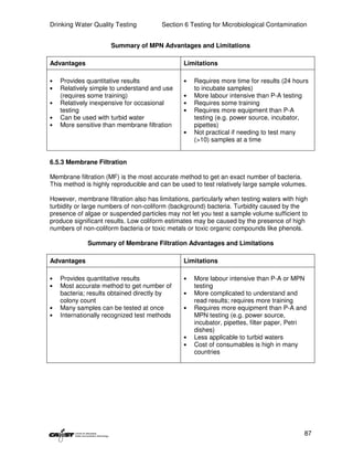 Drinking Water Quality Testing          Section 6 Testing for Microbiological Contamination


                      Summary of MPN Advantages and Limitations

Advantages                                      Limitations

•   Provides quantitative results               •   Requires more time for results (24 hours
•   Relatively simple to understand and use         to incubate samples)
    (requires some training)                    •   More labour intensive than P-A testing
•   Relatively inexpensive for occasional       •   Requires some training
    testing                                     •   Requires more equipment than P-A
•   Can be used with turbid water                   testing (e.g. power source, incubator,
•   More sensitive than membrane filtration         pipettes)
                                                •   Not practical if needing to test many
                                                    (>10) samples at a time


6.5.3 Membrane Filtration

Membrane filtration (MF) is the most accurate method to get an exact number of bacteria.
This method is highly reproducible and can be used to test relatively large sample volumes.

However, membrane filtration also has limitations, particularly when testing waters with high
turbidity or large numbers of non-coliform (background) bacteria. Turbidity caused by the
presence of algae or suspended particles may not let you test a sample volume sufficient to
produce significant results. Low coliform estimates may be caused by the presence of high
numbers of non-coliform bacteria or toxic metals or toxic organic compounds like phenols.

             Summary of Membrane Filtration Advantages and Limitations

Advantages                                      Limitations

•   Provides quantitative results               •   More labour intensive than P-A or MPN
•   Most accurate method to get number of           testing
    bacteria; results obtained directly by      •   More complicated to understand and
    colony count                                    read results; requires more training
•   Many samples can be tested at once          •   Requires more equipment than P-A and
•   Internationally recognized test methods         MPN testing (e.g. power source,
                                                    incubator, pipettes, filter paper, Petri
                                                    dishes)
                                                •   Less applicable to turbid waters
                                                •   Cost of consumables is high in many
                                                    countries




                                                                                           87
 