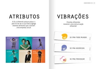 13conhecendo a oi
atributos Vibrações
A Oi é diferente porque possui o
jeito Oi de ser e sua marca agrega
diversos atributos que a tornam
uma empresa única!
Clientes diferentes
merecem uma comunicação
diferente!
direta confiável inovadora
ousada inteligente Bem-
humorada
oi pra todo mundo
oi pra negócios
oi pra provocar
 