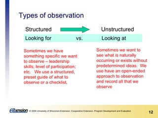 12© 2009 University of Wisconsin-Extension, Cooperative Extension, Program Development and Evaluation
Types of observation
Structured Unstructured
Looking for vs. Looking at
Sometimes we have
something specific we want
to observe – leadership
skills; level of participation;
etc. We use a structured,
preset guide of what to
observe or a checklist.
Sometimes we want to
see what is naturally
occurring or exists without
predetermined ideas. We
use have an open-ended
approach to observation
and record all that we
observe
 