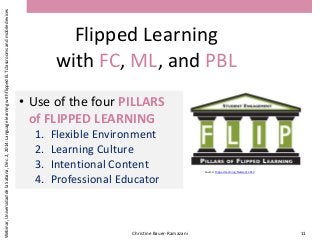 Flipped Learning
with FC, ML, and PBL
Christine Bauer-Ramazani 11
• Use of the four PILLARS
of FLIPPED LEARNING
1. Flexible Environment
2. Learning Culture
3. Intentional Content
4. Professional Educator
Source: Flipped Learning Network 2013
Webinar,UniversidaddelaSabana,Dec.2,2014:LanguagelearningwithflippedELTclassroomsandmobiledevices
 
