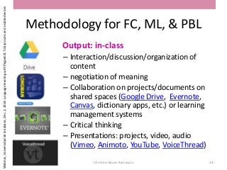 Methodology for FC, ML, & PBL
Christine Bauer-Ramazani 14
Output: in-class
– Interaction/discussion/organization of
content
– negotiation of meaning
– Collaboration on projects/documents on
shared spaces (Google Drive, Evernote,
Canvas, dictionary apps, etc.) or learning
management systems
– Critical thinking
– Presentations: projects, video, audio
(Vimeo, Animoto, YouTube, VoiceThread)
Webinar,UniversidaddelaSabana,Dec.2,2014:LanguagelearningwithflippedELTclassroomsandmobiledevices
 
