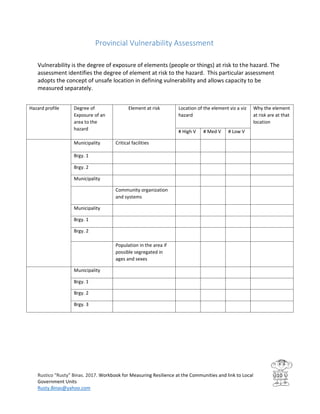 Workbook for Measuring Resilience at the Communities and Link to Local ...