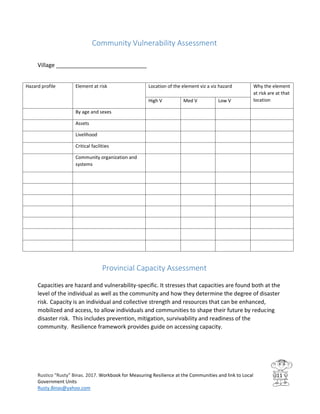 Workbook for Measuring Resilience at the Communities and Link to Local ...