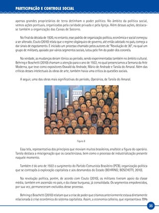 35
PARTICIPAÇÃO E CONTROLE SOCIAL
apenas grandes proprietários de terra detinham o poder político. No âmbito da política social,
vemos ações pontuais, organizadas pela caridade privada e pela Igreja. Além dessas ações, destaca-
se também a organização das Caixas de Socorro.
No final da década de 1920, no entanto, esse padrão de organização política, econômica e social começou
a ser alterado. Couto (2010) relata que o regime oligárquico de governo, até então adotado no país, começa a
dar sinais de esgotamento. É iniciado um processo chamado pelos autores de “Revolução de 30”, na qual um
grupo de militares, apoiado por vários segmentos sociais, lutou pelo fim do poder dos coronéis.
Na verdade, as mudanças deram tônica ao período, sendo experimentadas também no âmbito cultural.
Behring e Boschetti (2010) chamam a atenção para o ano de 1922, no qual presenciamos a Semana da Arte
Moderna, que teve como expositores Oswald da Andrade, Mário de Andrade e Tarsila do Amaral. Além das
críticas desses intelectuais às obras de arte, também havia uma crítica às questões sociais.
A seguir, uma das obras mais significativas do período, Operários, de Tarsila do Amaral.
Figura 8
Essa tela, representativa dos princípios que moviam muitos brasileiros, enaltece a figura do operário.
Tarsila destaca a miscigenação que os caracterizava, bem como o processo de industrialização presente
naquele momento.
Também é do ano de 1922 o surgimento do Partido Comunista Brasileiro (PCB), organização política
que se contrapôs à exploração capitalista e aos desmandos do Estado (BEHRING; BOSCHETTI, 2010).
Na revolução política, porém, de acordo com Couto (2010), os militares tiveram apoio da classe
média, também em ascensão no país, e da classe burguesa, já consolidada. Os segmentos empobrecidos,
por sua vez, permaneceram excluídos desse processo.
BehringeBoschetti(2010)relatamqueacrisedepoderquecitamosanteriormenteestavadiretamente
relacionada à crise econômica do sistema capitalista. Assim, a economia cafeeira, que representava 70%
 