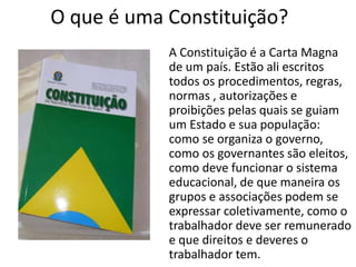 O que é uma Constituição? 
A Constituição é a Carta Magna 
de um país. Estão ali escritos 
todos os procedimentos, regras, 
normas , autorizações e 
proibições pelas quais se guiam 
um Estado e sua população: 
como se organiza o governo, 
como os governantes são eleitos, 
como deve funcionar o sistema 
educacional, de que maneira os 
grupos e associações podem se 
expressar coletivamente, como o 
trabalhador deve ser remunerado 
e que direitos e deveres o 
trabalhador tem. 
 