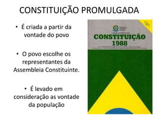 CONSTITUIÇÃO PROMULGADA 
• É criada a partir da 
vontade do povo 
• O povo escolhe os 
representantes da 
Assembleia Constituinte. 
• É levado em 
consideração as vontade 
da população 
 
