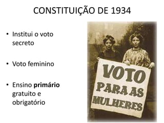 CONSTITUIÇÃO DE 1934 
• Institui o voto 
secreto 
• Voto feminino 
• Ensino primário 
gratuito e 
obrigatório 
 