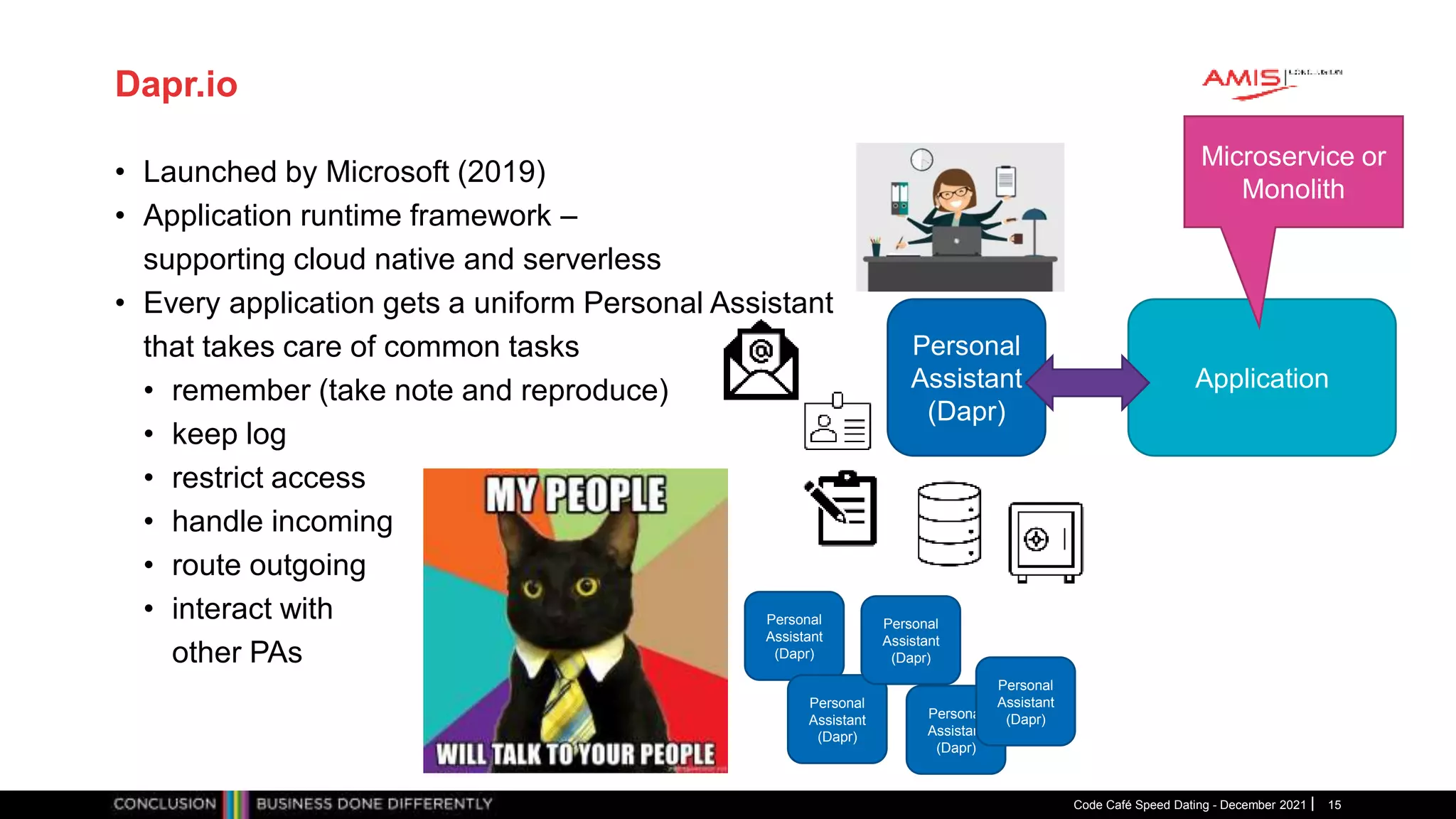 Publiek
Dapr.io
• Launched by Microsoft (2019)
• Application runtime framework –
supporting cloud native and serverless
• Every application gets a uniform Personal Assistant
that takes care of common tasks
• remember (take note and reproduce)
• keep log
• restrict access
• handle incoming
• route outgoing
• interact with
other PAs
Code Café Speed Dating - December 2021 15
Application
Microservice or
Monolith
Personal
Assistant
(Dapr)
Personal
Assistant
(Dapr)
Personal
Assistant
(Dapr)
Personal
Assistant
(Dapr)
Personal
Assistant
(Dapr)
Personal
Assistant
(Dapr)
 
