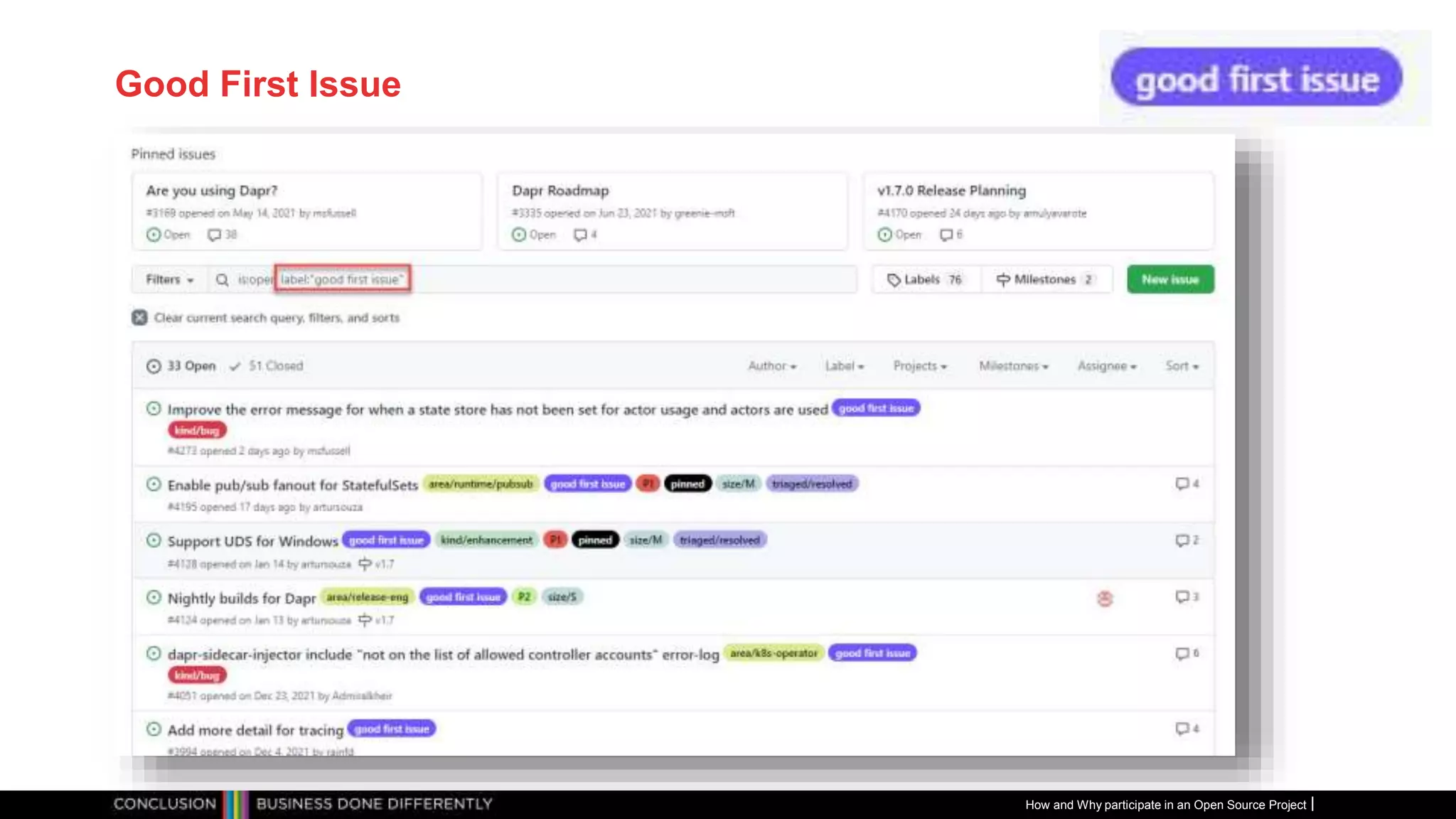 Publiek
Good First Issue
How and Why participate in an Open Source Project
 