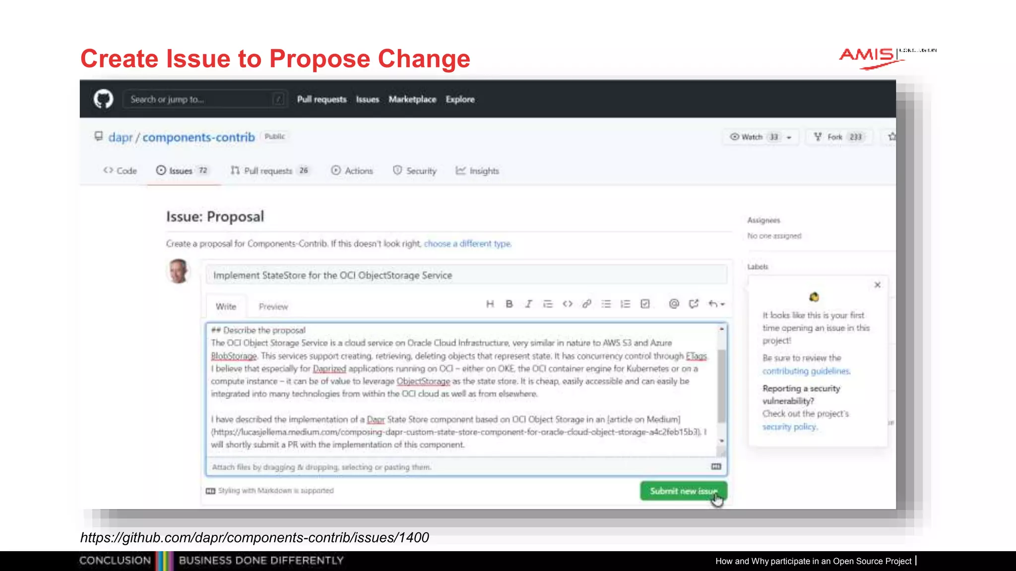 Publiek
Create Issue to Propose Change
How and Why participate in an Open Source Project
https://github.com/dapr/components-contrib/issues/1400
 