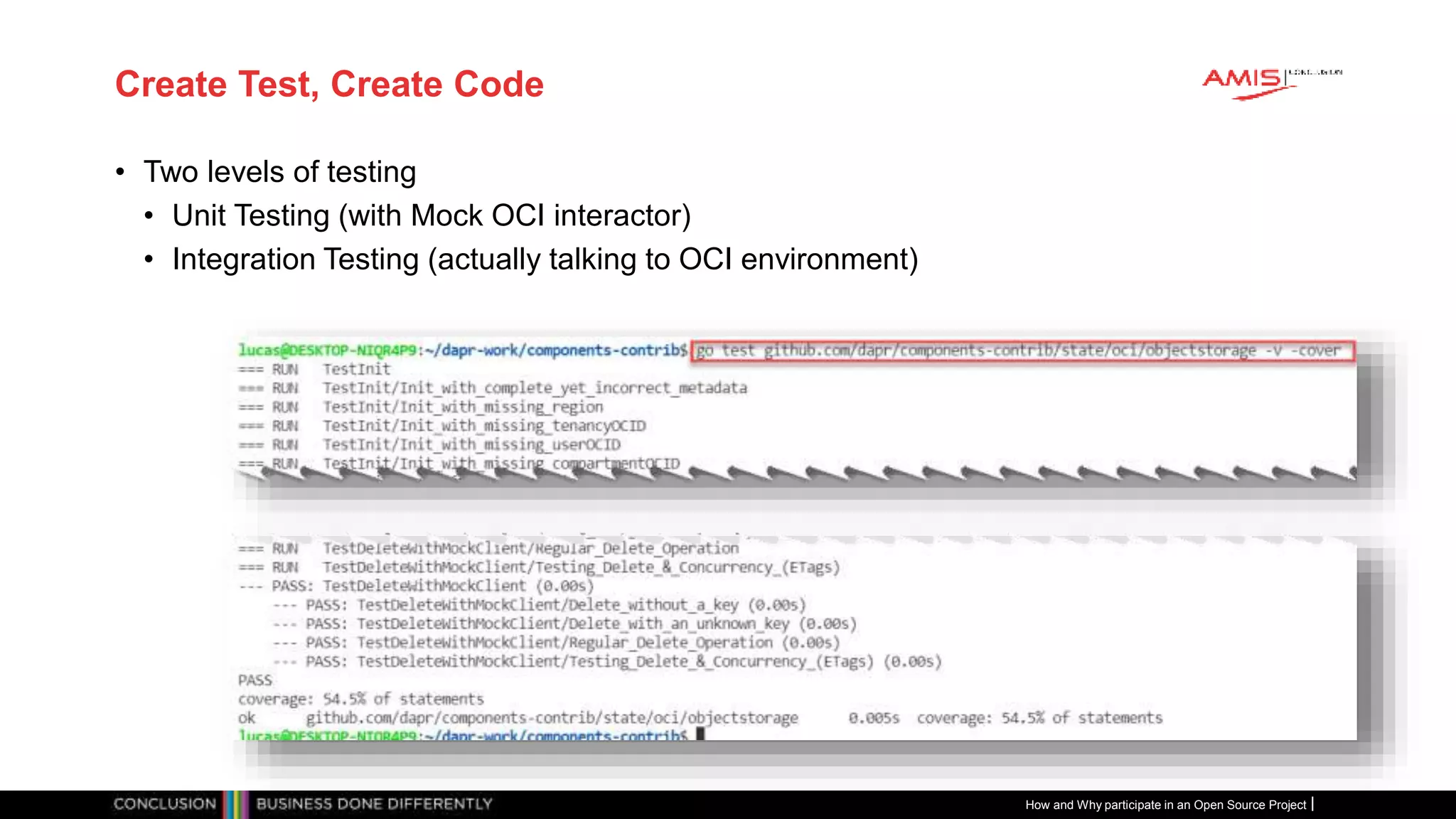 Publiek
Create Test, Create Code
• Two levels of testing
• Unit Testing (with Mock OCI interactor)
• Integration Testing (actually talking to OCI environment)
How and Why participate in an Open Source Project
 