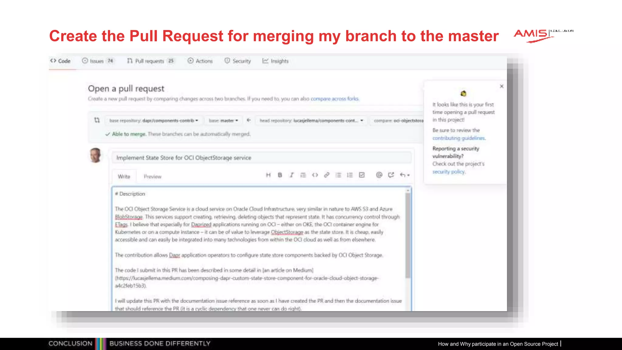 Publiek
Create the Pull Request for merging my branch to the master
How and Why participate in an Open Source Project
 