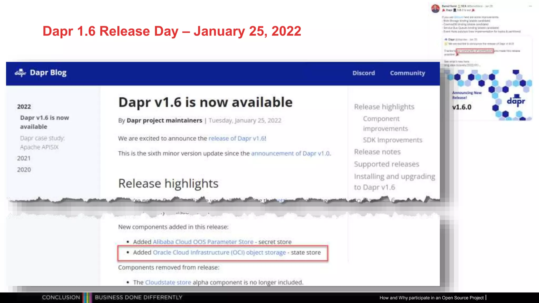Publiek
Dapr 1.6 Release Day – January 25, 2022
How and Why participate in an Open Source Project
 