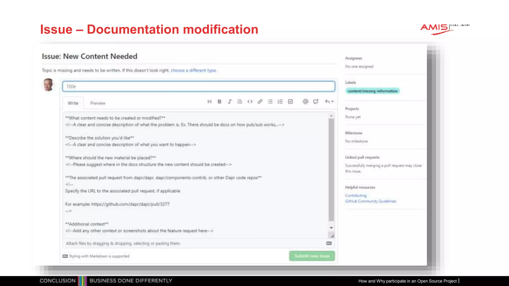 Publiek
Issue – Documentation modification
How and Why participate in an Open Source Project
 