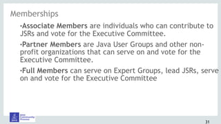 31
!Associate Members are individuals who can contribute to
JSRs and vote for the Executive Committee.
!Partner Members are Java User Groups and other non-
profit organizations that can serve on and vote for the
Executive Committee.
!Full Members can serve on Expert Groups, lead JSRs, serve
on and vote for the Executive Committee
Memberships
 