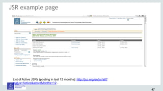 JSR example page
List of Active JSRs (posting in last 12 months): http://jcp.org/en/jsr/all?
status=Active&activeMonths=12 .
47
 