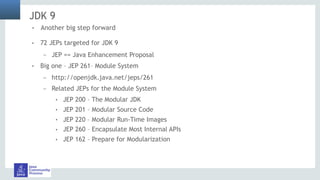 JDK 9
! 72 JEPs targeted for JDK 9
– JEP == Java Enhancement Proposal
! Big one – JEP 261– Module System
– http://openjdk.java.net/jeps/261
– Related JEPs for the Module System
! JEP 200 – The Modular JDK
! JEP 201 – Modular Source Code
! JEP 220 – Modular Run-Time Images
! JEP 260 – Encapsulate Most Internal APIs
! JEP 162 – Prepare for Modularization
! Another big step forward
 