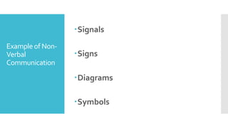 Exampleof Non-
Verbal
Communication
Signals
Signs
Diagrams
Symbols
 