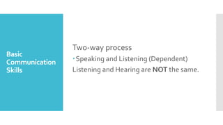 Basic
Communication
Skills
Two-way process
Speaking and Listening (Dependent)
Listening and Hearing are NOT the same.
 