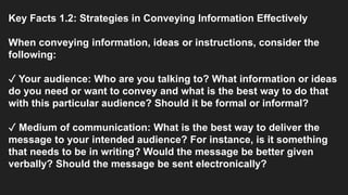 Key Facts 1.2: Strategies in Conveying Information Effectively
When conveying information, ideas or instructions, consider the
following:
✓ Your audience: Who are you talking to? What information or ideas
do you need or want to convey and what is the best way to do that
with this particular audience? Should it be formal or informal?
✓ Medium of communication: What is the best way to deliver the
message to your intended audience? For instance, is it something
that needs to be in writing? Would the message be better given
verbally? Should the message be sent electronically?
 