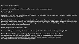 Scenario at Hardware Store
A customer enters a hardware shop where Marian is working as sales associate.
Marian: “Hi, Sir!”
Customer: “I saw this new plumbing tool on Facebook – an adjustable pipe wrench - and it says it’s available here. In
which section can I find this tool?”
Marian, who is distracted by her phone, mumbles the directions and points to a particular section where the customer
should go. The customer, however, was not able to understand the directions. He started to ask Marian for clarification
but her phone rang and she quickly answered, turning away from him. Frustrated, he began walking up and down the
aisles in search of the adjustable pipe wrench.
Finally, he goes back to Marian and asks:
Customer: “Do you have a shop directory or a store map which I could use to locate this plumbing tool?”
Marian: Marian rolls her eyes, wondering why on earth the customer could not figure it out. “Let
me see if we have one, yes here is it, our shop directory listing all the aisles and an accompanying
map. You can go ahead that way, find this tool yourself. You may also use our interactive map in
the computer available at the counter area if you want.”
 