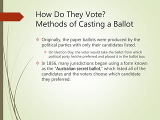 How Do They Vote?
Methods of Casting a Ballot
 Originally, the paper ballots were produced by the
political parties with only their candidates listed.
 On Election Day, the voter would take the ballot from which
political party he/she preferred and placed it in the ballot box.
 In 1856, many jurisdictions began using a form known
as the “Australian secret ballot,” which listed all of the
candidates and the voters choose which candidate
they preferred.
 