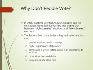 Why Don’t People Vote?
 In 1966, political scientist Angus Campbell and his
colleagues identified five factors that distinguish
between “high-stimulus” elections and “low-stimulus”
elections.
 The factors that characterize a high-stimulus election
are:
1. greater levels of media coverage
2. higher significance of the office
3. campaigns in which voters assign high importance to
an issue
4. more attractive candidates
5. perceptions of a close race
 