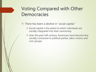 Voting Compared with Other
Democracies
 There has been a decline in “social capital.”
 Social capital is the extent to which individuals are
socially integrated into their community.
 Over the past half-century, Americans have become less
socially connected to political parties, labor unions, and
civic groups.
 