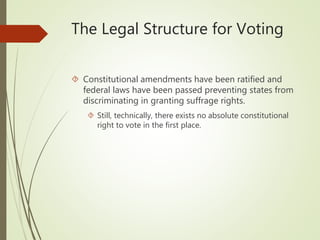 The Legal Structure for Voting
 Constitutional amendments have been ratified and
federal laws have been passed preventing states from
discriminating in granting suffrage rights.
 Still, technically, there exists no absolute constitutional
right to vote in the first place.
 