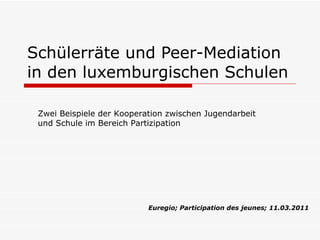 Schülerräte und Peer-Mediation in den luxemburgischen Schulen Euregio; Participation des jeunes; 11.03.2011 Zwei Beispiele der Kooperation zwischen Jugendarbeit und Schule im Bereich Partizipation 
