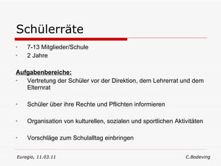 Schülerräte 7-13 Mitglieder/Schule 2 Jahre Aufgabenbereiche: Vertretung der Schüler vor der Direktion, dem Lehrerrat und dem Elternrat Schüler über ihre Rechte und Pflichten informieren Organisation von kulturellen, sozialen und sportlichen Aktivitäten Vorschläge zum Schulalltag einbringen Euregio, 11.03.11  C.Bodeving 
