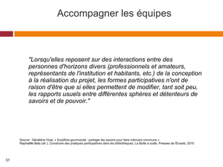 Accompagner les équipes
"Lorsqu'elles reposent sur des interactions entre des
personnes d'horizons divers (professionnels et amateurs,
représentants de l'institution et habitants, etc.) de la conception
à la réalisation du projet, les formes participatives n'ont de
raison d'être que si elles permettent de modifier, tant soit peu,
les rapports usuels entre différentes sphères et détenteurs de
savoirs et de pouvoir."
Source : Géraldine Huet, « SurpRize gourmande : partager les savoirs pour faire mémoire commune »
Raphaëlle Bats (dir.), Construire des pratiques participatives dans les bibliothèques, La Boîte à outils, Presses de l'Enssib, 2015
31
 